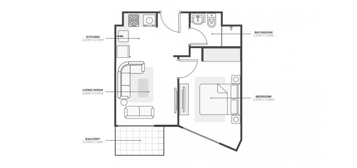 Планировка «42sqm» 2 комнаты в ЖК AZIZI PARK AVENUE